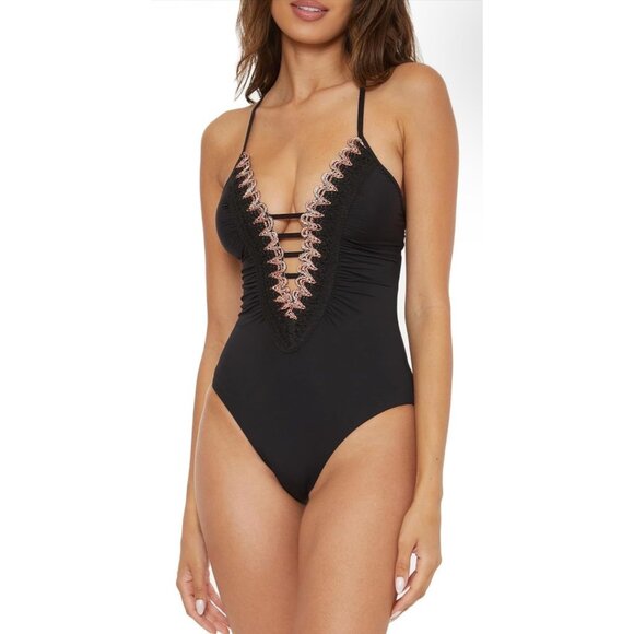 Becca Delilah Crochet Trim One Piece Size Medium Plunge Swimsuit NWT $138 Black - Picture 1 of 14